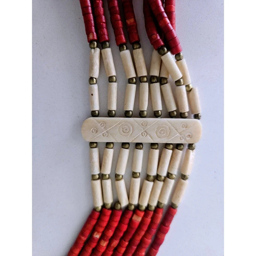 Multi-Strand Bone‎ Necklace - Hand-Etched Tribal Boho Statement Jewelry Vintage